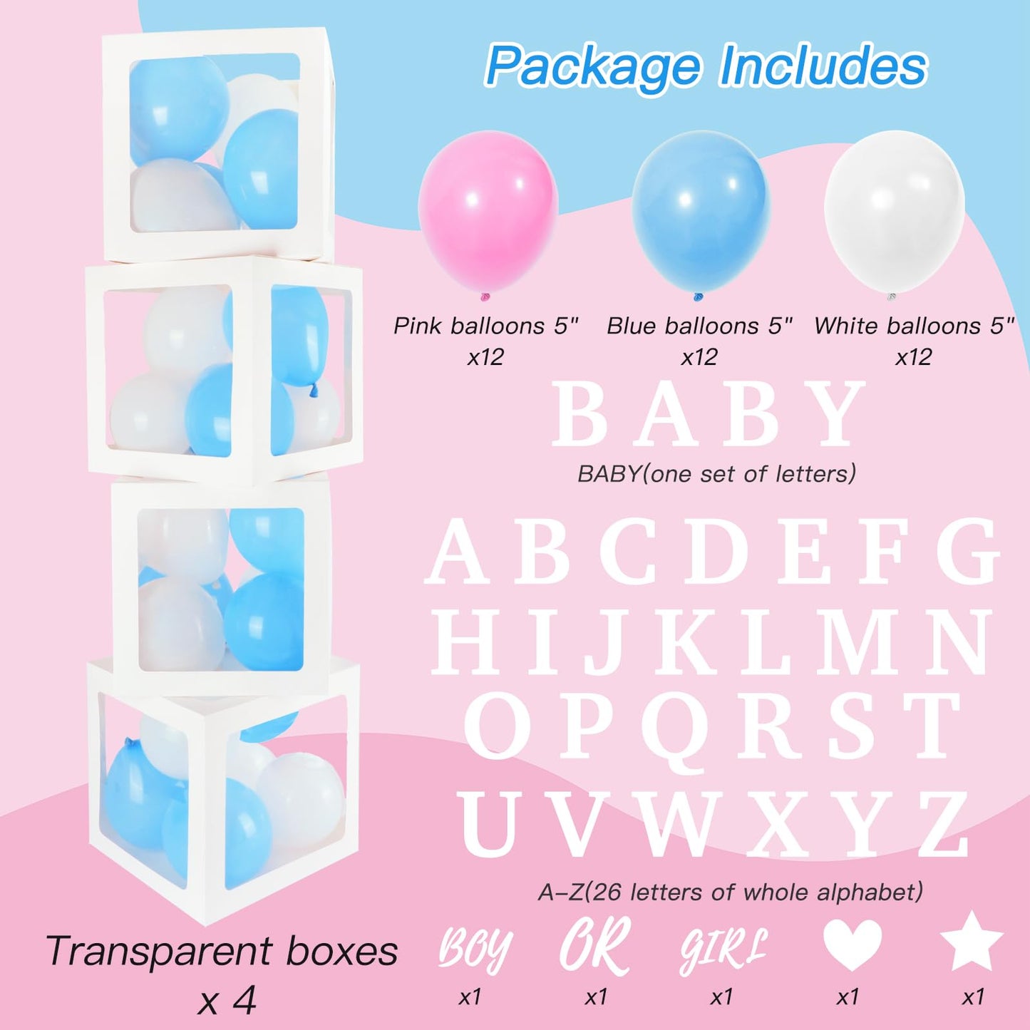 RUBFAC Baby Boxes with Letters and 36 Balloons, 4pcs Clear Balloon Boxes for Gender Reveal Baby