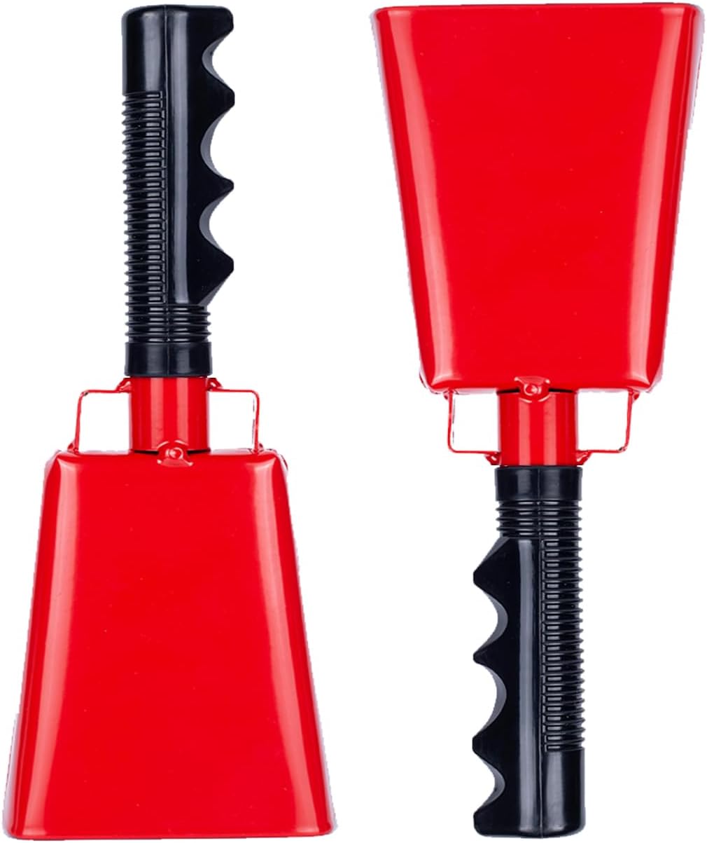 Steel Cowbell with Handle 8 Inch Cow Bells Noise Makers, 2 Pack Large Cowbells for Sporting Events, Hand Percussion Cowbells Cheering Bell for Football Game Party Concert Graduation School (Red)