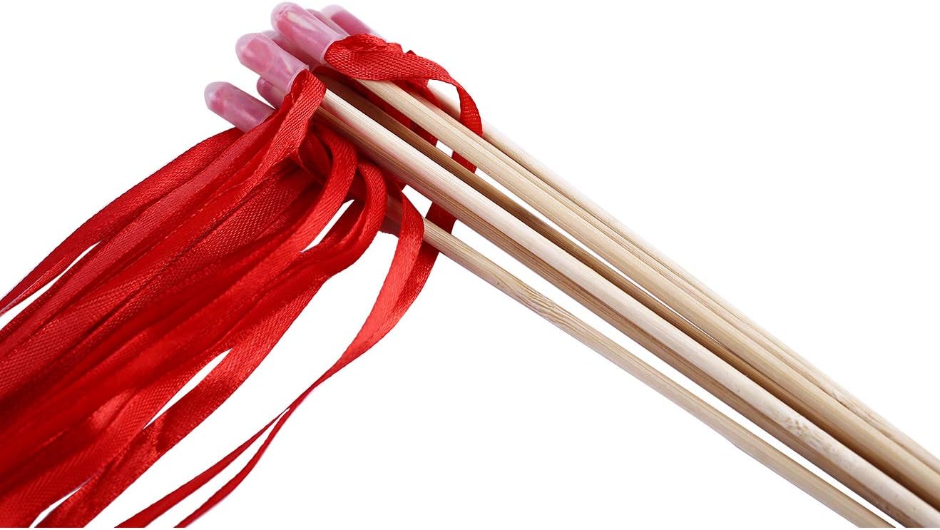 100PCS Ribbon Stick Wands Wedding Streamers with Silk Fairy Stick Wand for Wedding Party Baby Shower Send Off Party Activities Holiday Celebration Favors (Red-100PCS)