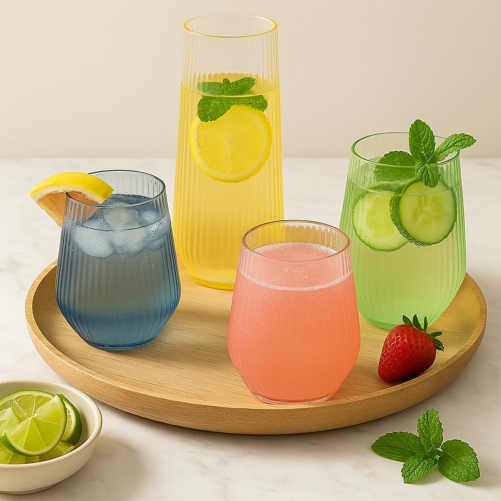 48 Pack Ribbed Origami Ripple Plastic Glasses 24 9oz Stemless Champagne Flutes & 24 12oz Cups BPA-Free, Disposable, Shatterproof Drinkware for Weddings, Bars, Events (Color Collection Ribbed)