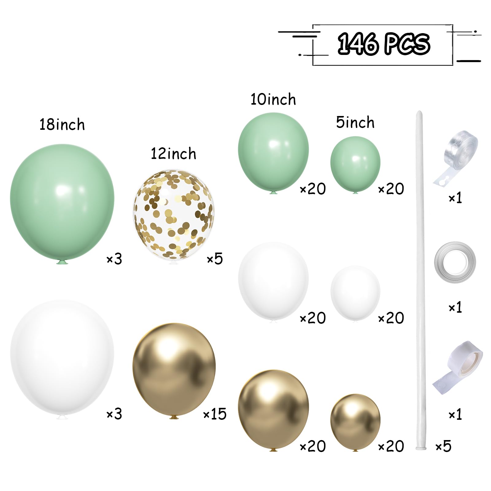 MEBAY Sage Green White Gold Balloon Garland Arch Kit, 146Pcs Latex Balloons Different Sizes 18 12