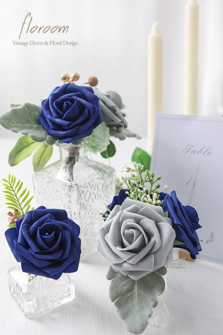 Floroom Artificial Flowers 25pcs Real Looking Royal Blue Foam Fake Roses with Stems for DIY Table Centerpieces Party Home Decorations