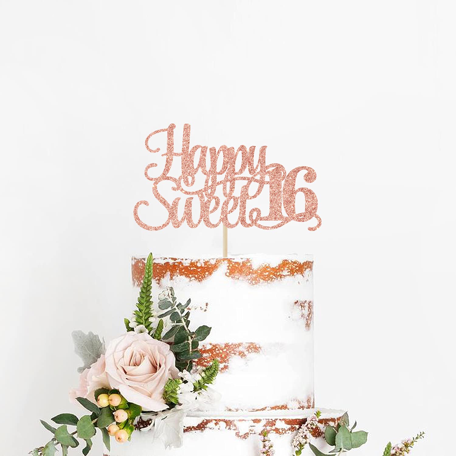 Rose Gold Glitter Happy Sweet 16 Cake Topper - Happy 16th Birthday Cake Decor - Hello 16, Cheers to