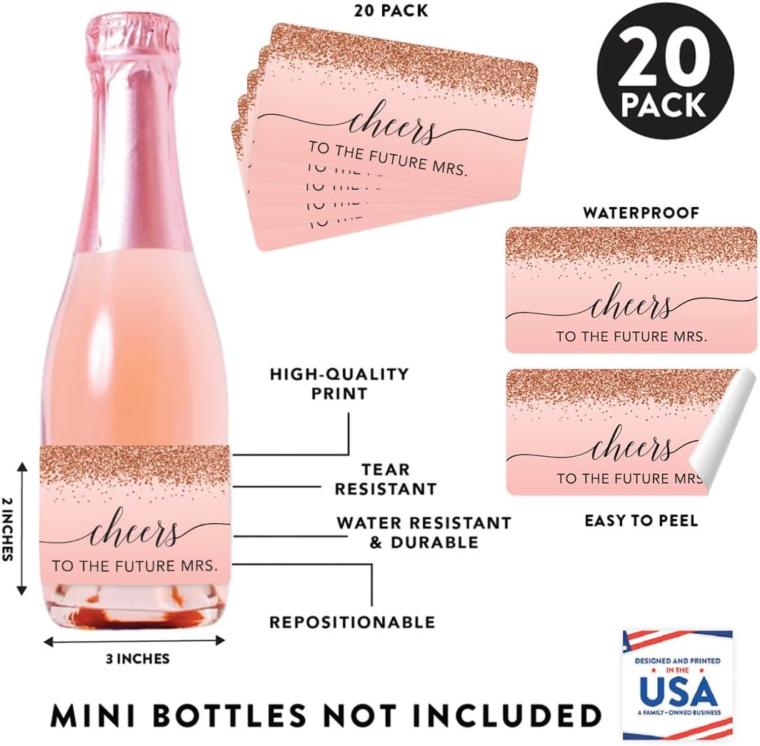 Andaz Press Mini Champagne Wine Bottle Labels, Cheers! to The Future Mrs., Blush Pink Faux Rose Gold Glitter, 20-Pack, Bridesmaid Champagne Label Mini Champagne Bottle Labels Bridal Shower