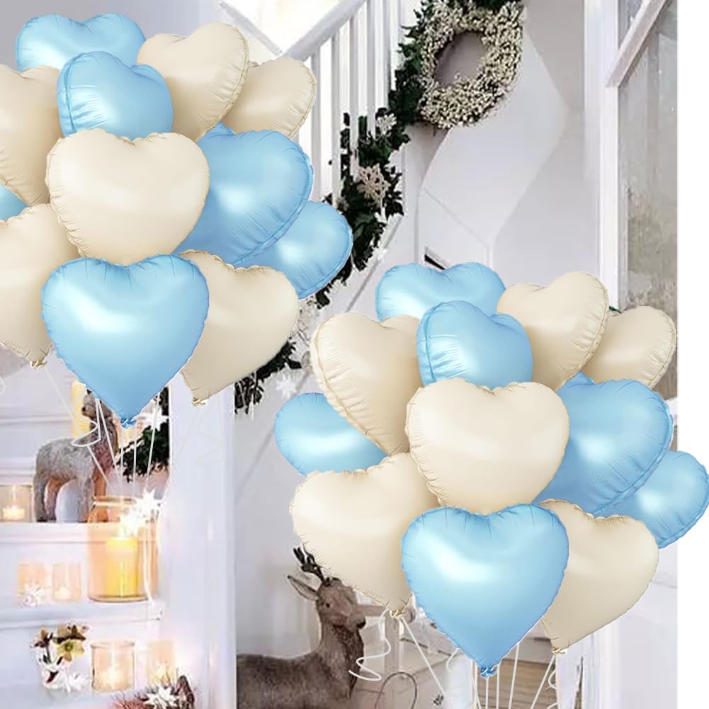 Baby White Heart Balloons，18 Inch Baby Blue Helium Foil Love Heart Shaped Balloons for Birthday Party Bridal Engagement Wedding Anniversary Baby Shower Valentines Decorations 12Pcs