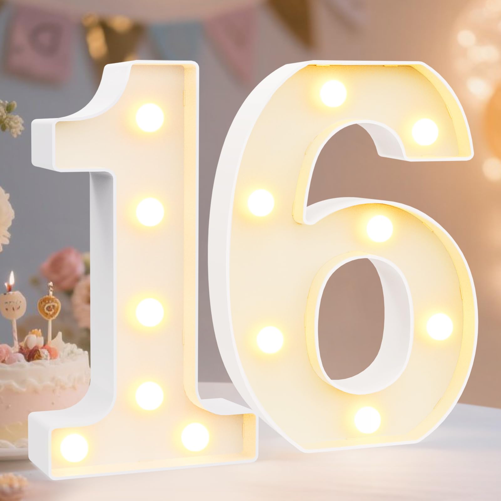 Pooqla Decorative Led Light Up Number Letters, White Plastic Marquee Number Lights Sign 16th