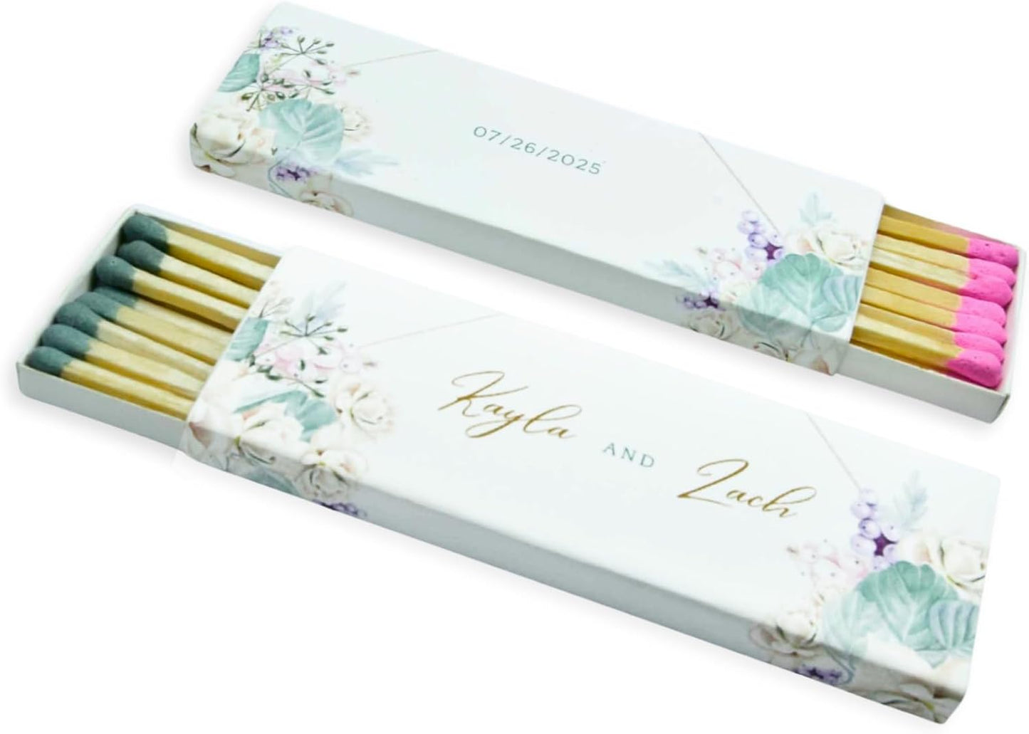 10 Boxes - Customized Matchboxes Colorful Tips (Wedding Design #5, 4" Matchboxes) (4" Matchsticks, Wedding Design #5)