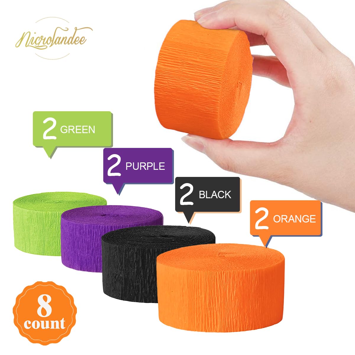 NICROLANDEE Halloween Crepe Paper Streamer Black & Orange 8 Rolls 82ft Long