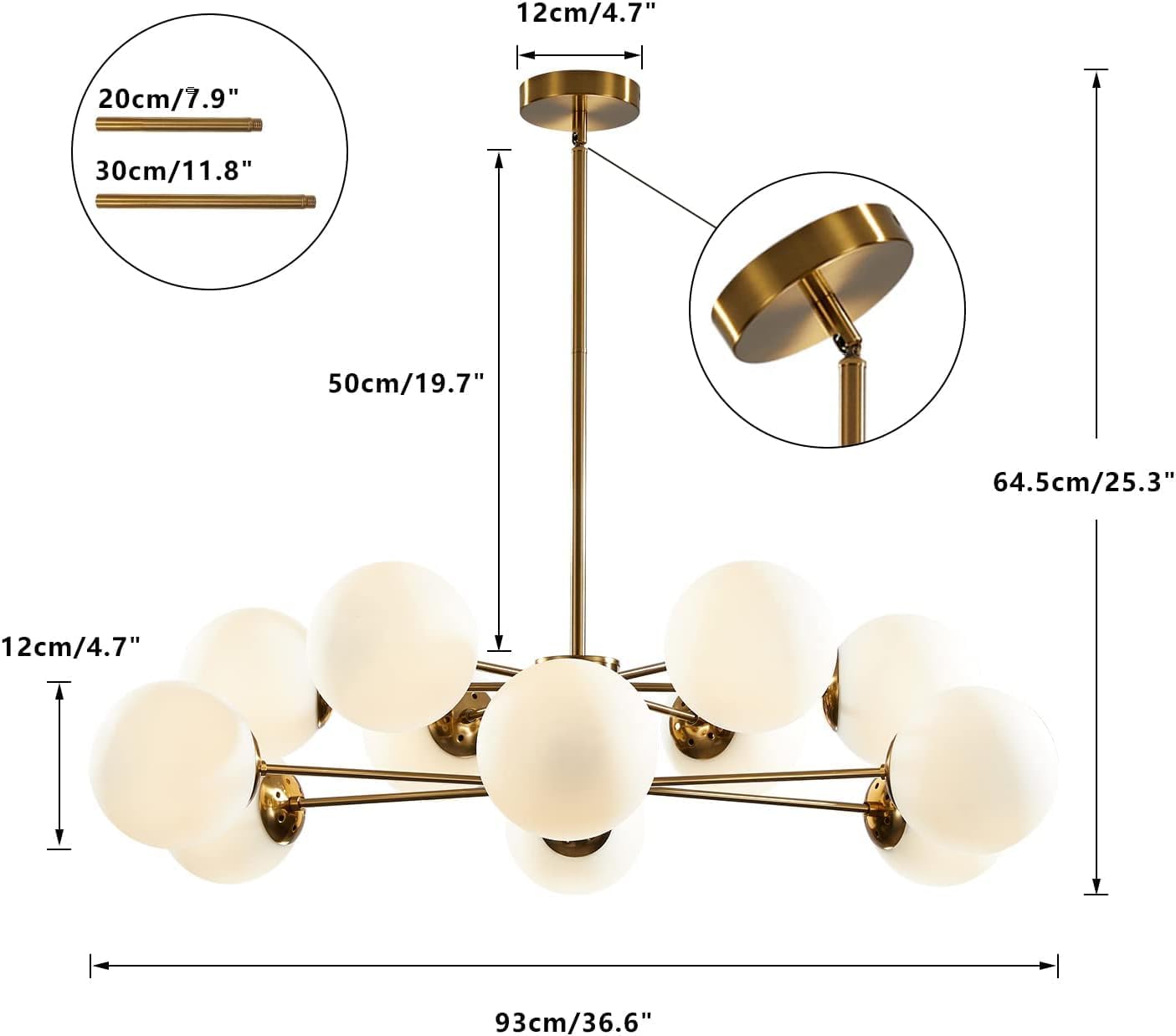 KCO Lighting 12-Light Glass Globe Sputnik Chandelier Light Fixture Mid Century Modern Chandeliers Brushed Brass Chandelier Milk White Glass Ceiling Light Fixture (Gold+White)