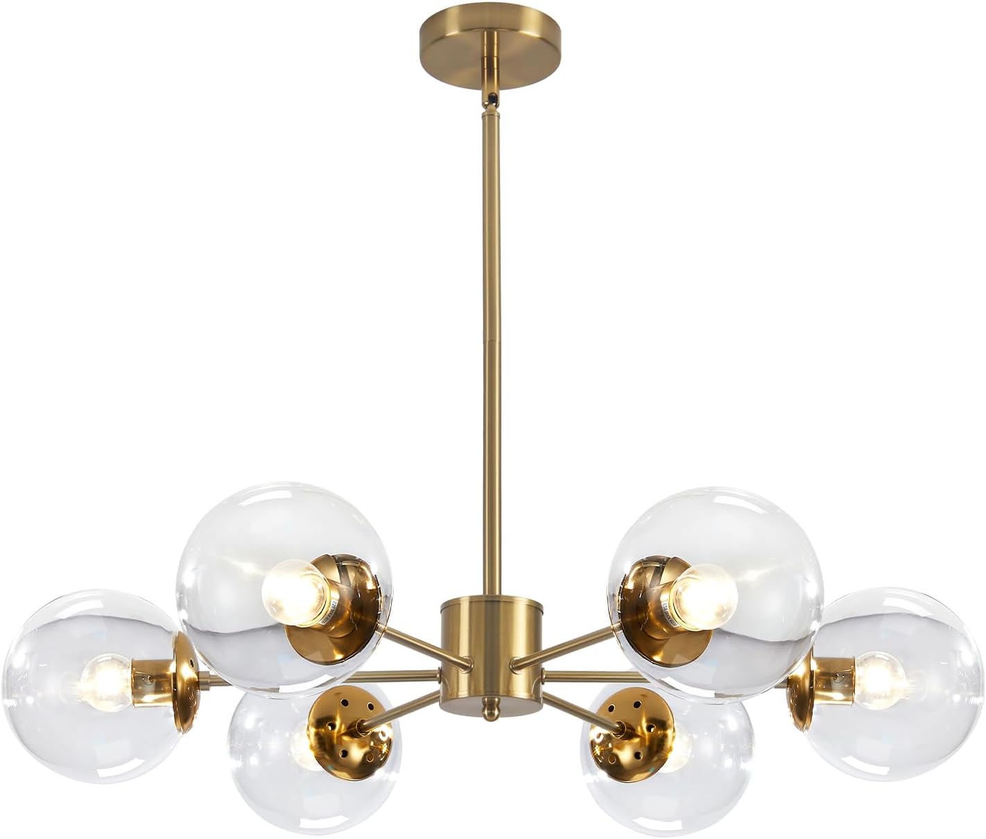 KCO Lighting Modern 6-Light Sputnik Chandelier with Clear Glass Globe Mid Century Adjustable Ceiling Pendant Light Gold Brass Flush Mounted Fixture
