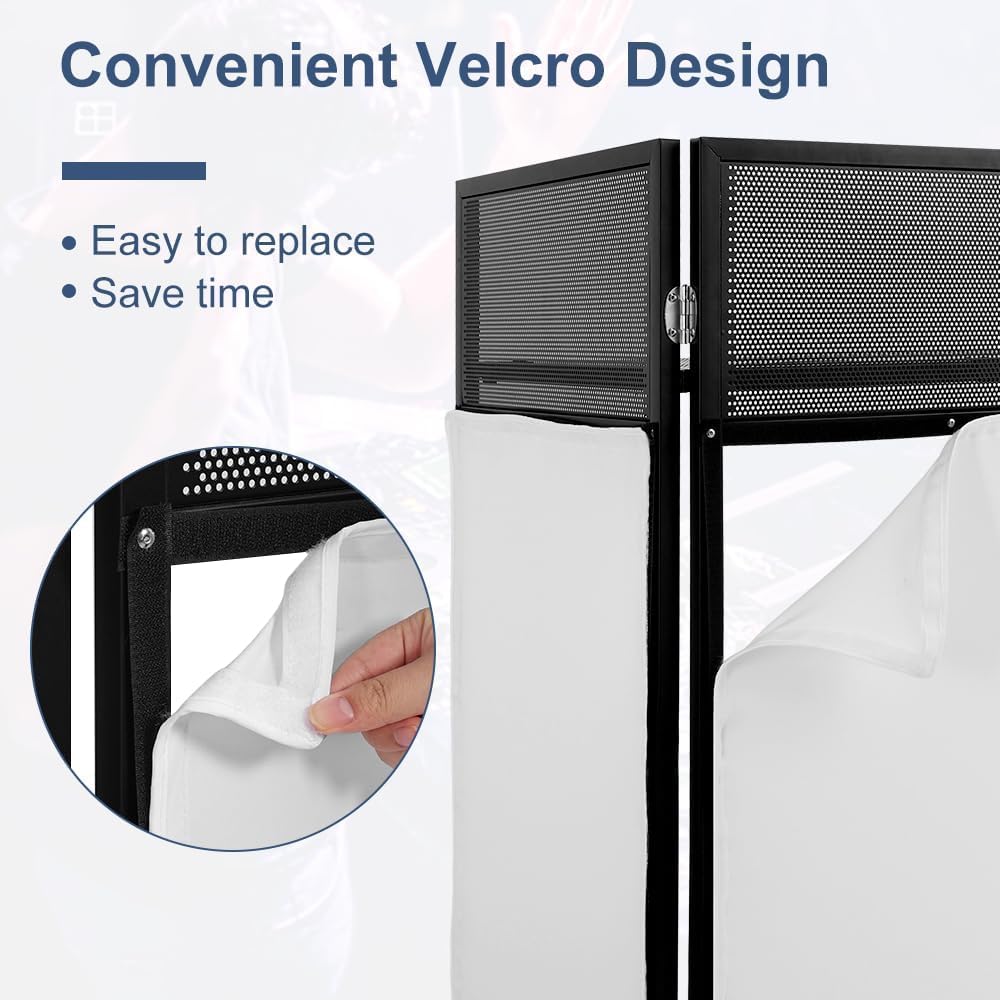 LUCKUP Portable DJ Booth 41"L x 20"W DJ Facade with White & Black Scrim, Foldable DJ Table Station with Adjustable Feet for Party, Black Metal Frame