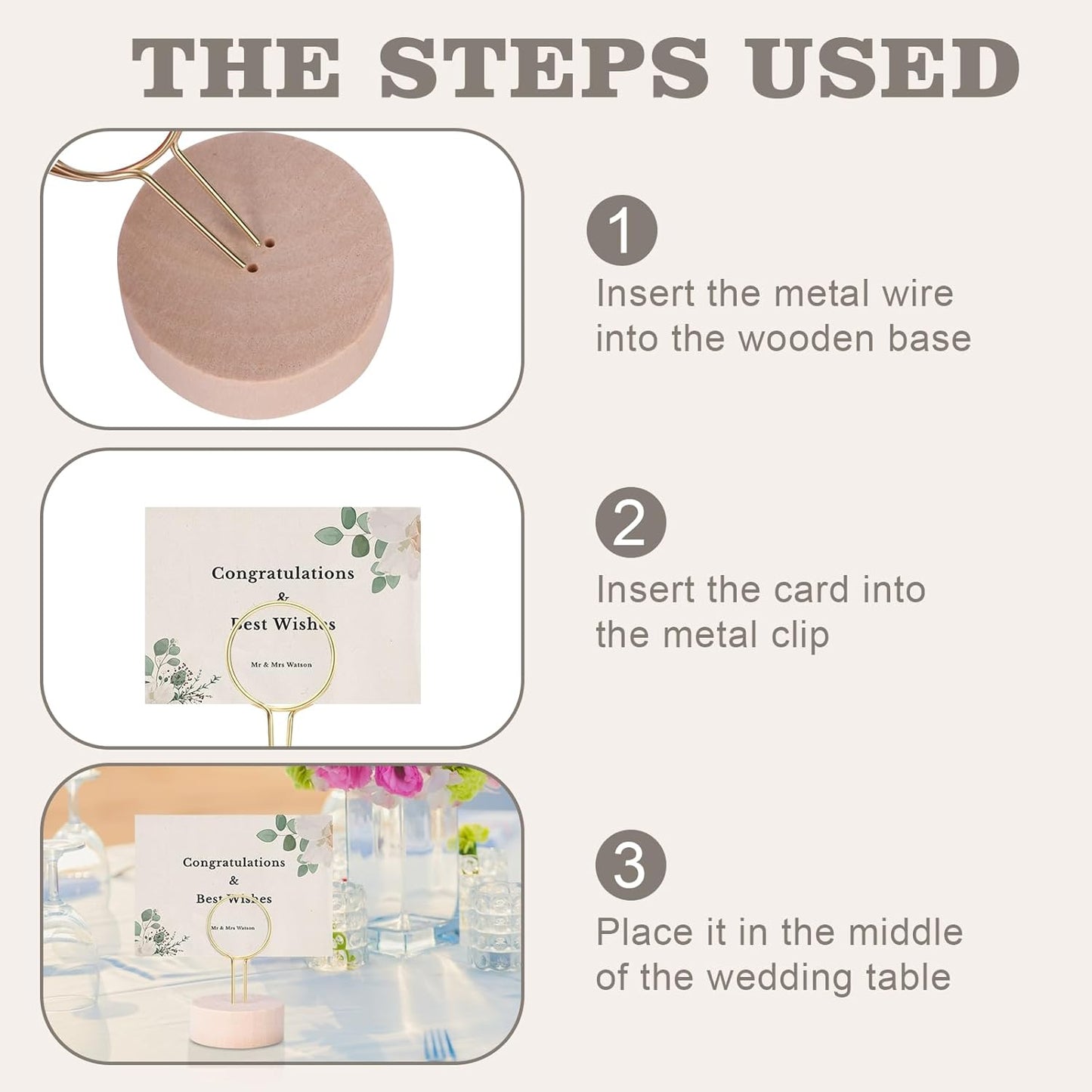 Oubest Table Number Holders Pack of 10 Metal Wire with Wooden Base for Better Stability Place Card Holders - Centerpieces, Picture Photo Sign Stands for Weddings, Party, Birthdays -Gold