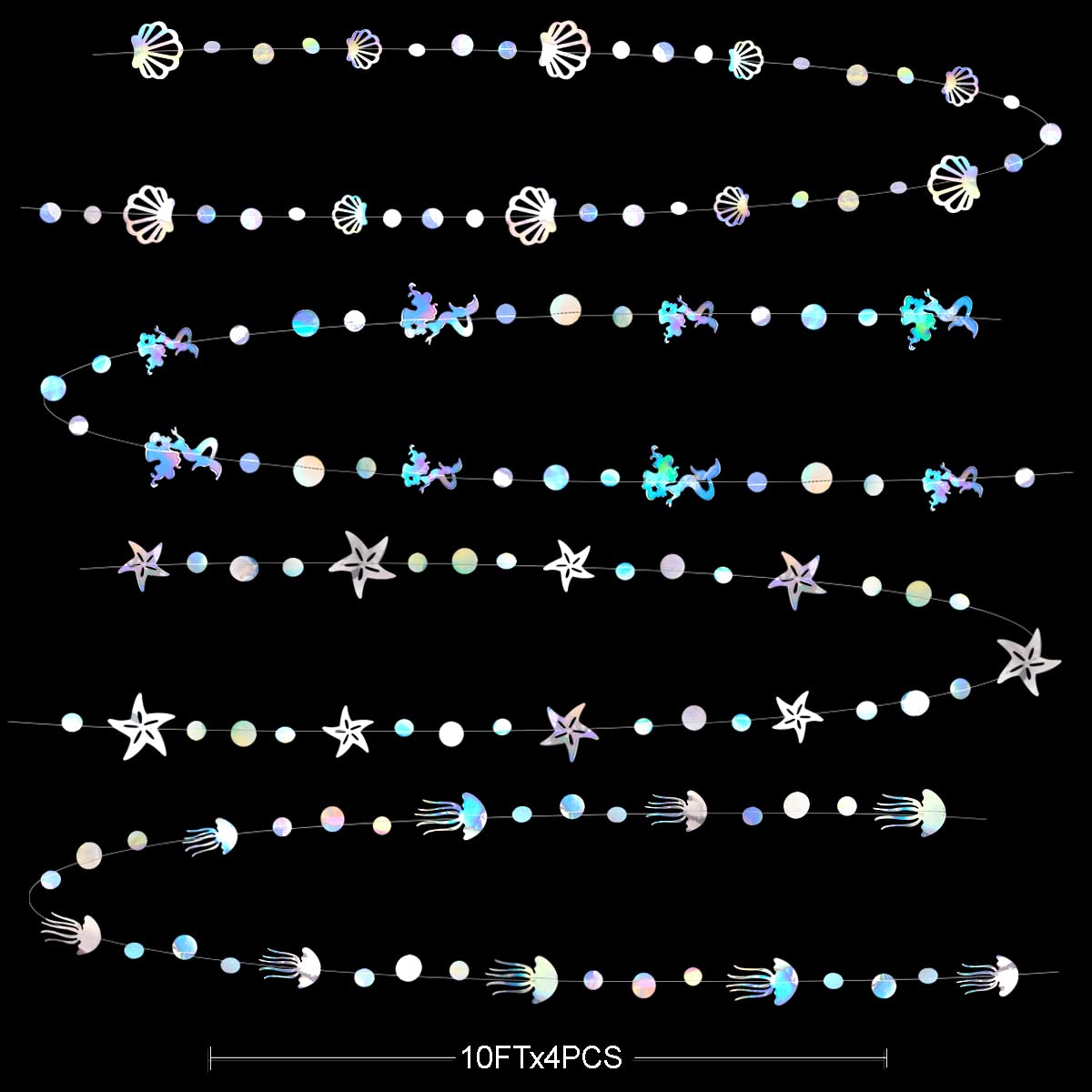 40 Ft Iridescent Mermaid Garland with Jellyfish SeaShell Starfish Pearl Holographic Paper Streamer
