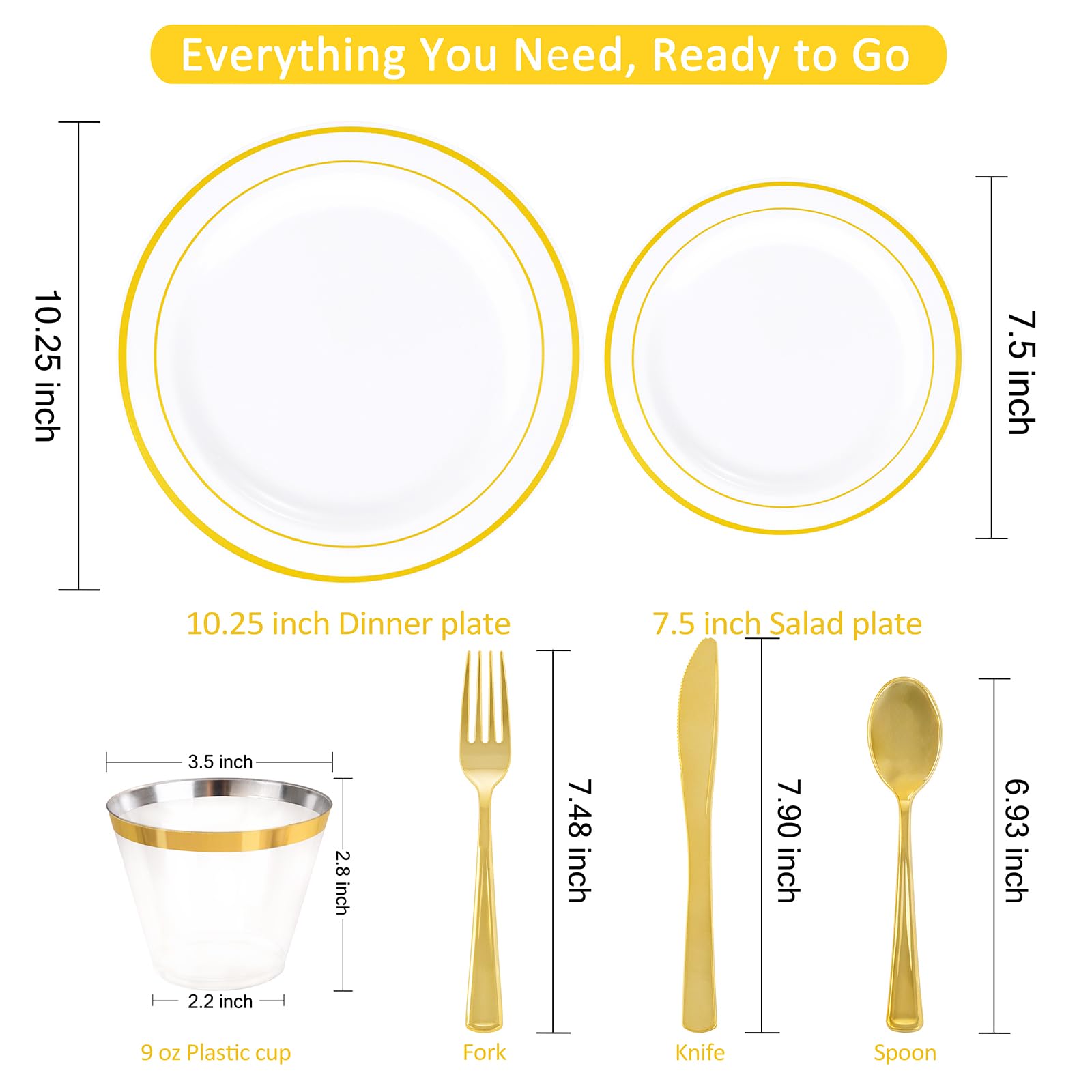 WELLIFE 350-Piece Gold Disposable Plates and Cutlery Set - Premium 10.25" Dinner Plates, 7.5"