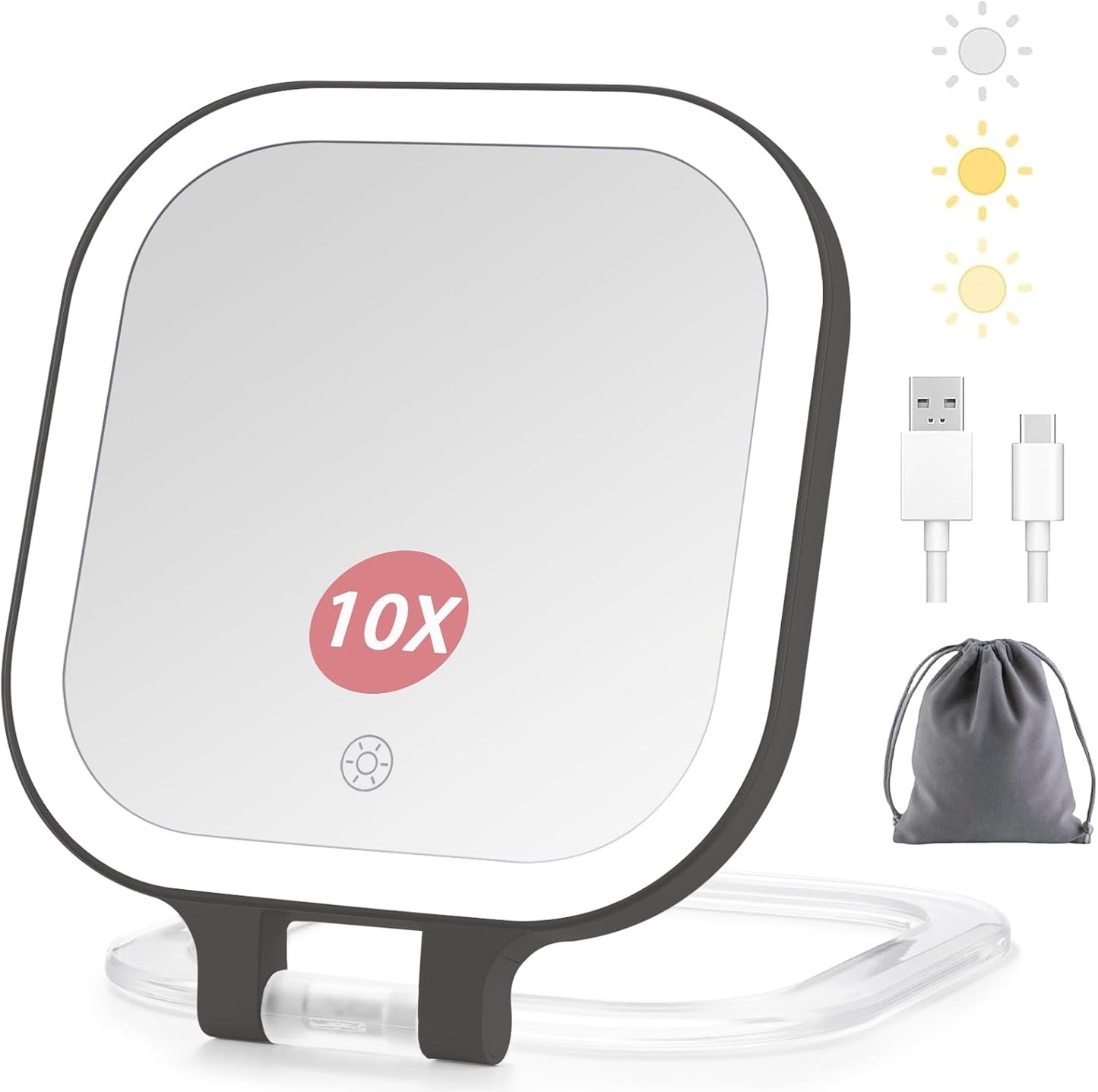 DESCHEN Rechargeable Travel Makeup Vanity Mirror with Lights and Magnification, Portable 1X/10X Magnifying Mirror with 3 Color Light, Lighted Makeup Mirror with Magnification (Black)