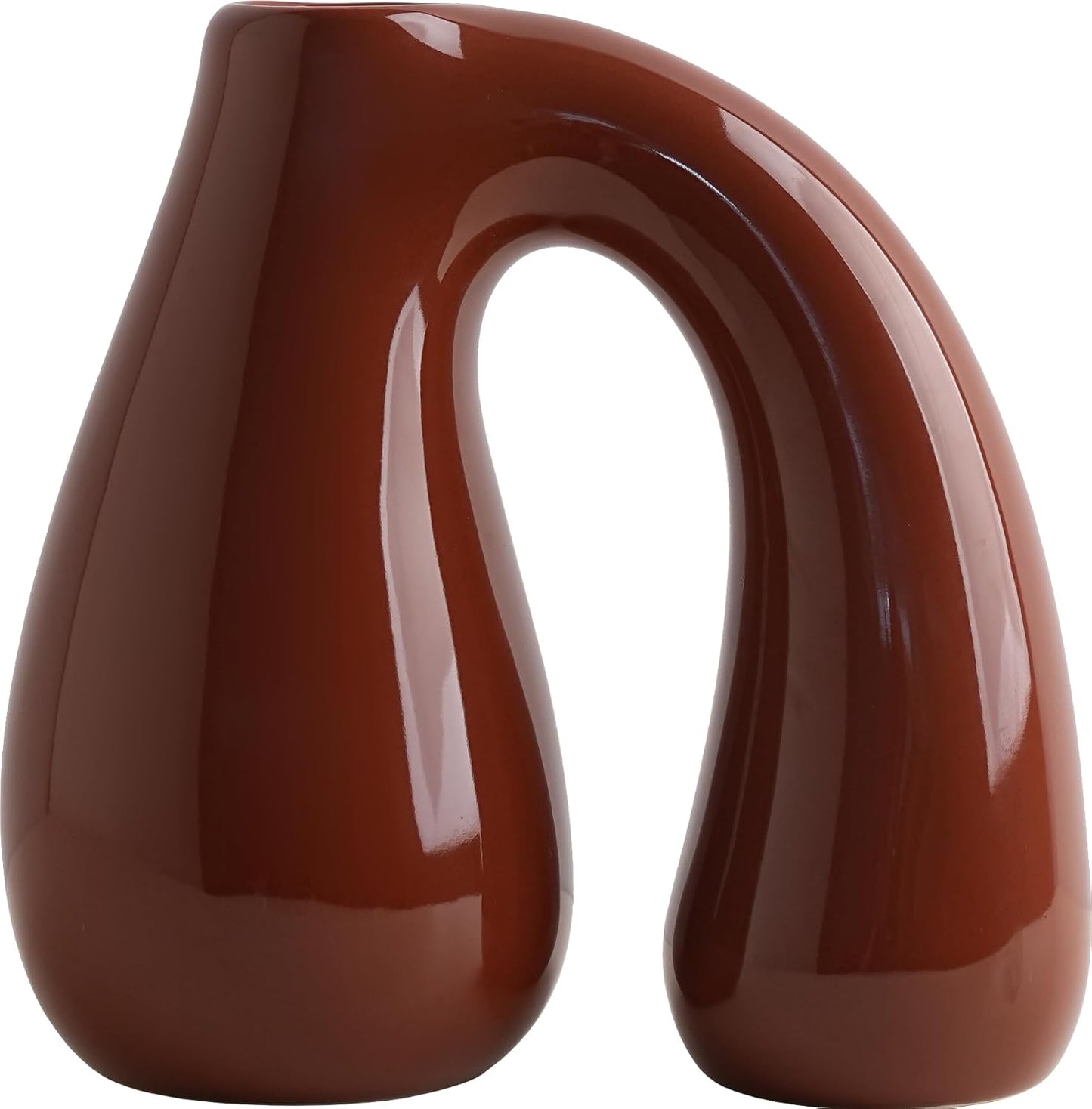 Brown Ceramic Vase – Glossy Modern Sculptural Décor, Arch Handle Artistic Design, Warm Earth-Tone Accent for Table, Shelf, or Entryway (7.5 in, Holds Water)
