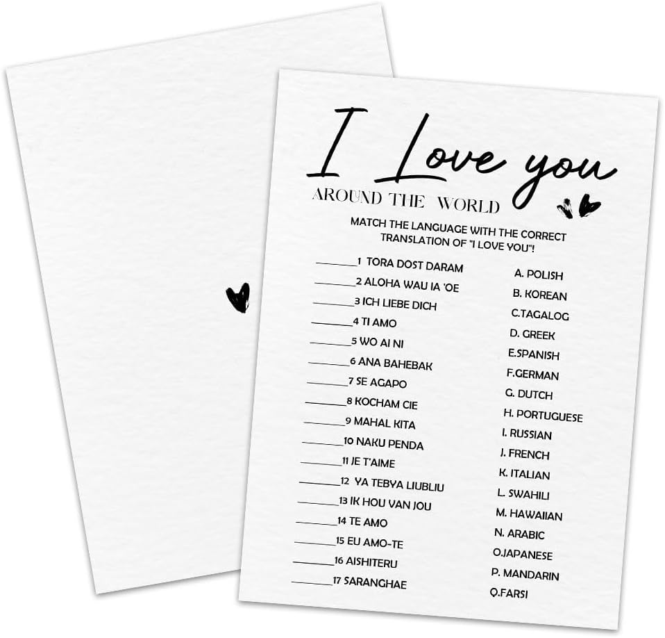 30 Game Cards & 1 Answer Card - I Love You - Bridal Shower, Engagement, Mr & Mrs, Newlyweds, Wedding Games, Party Activities & Supplies - B02 White