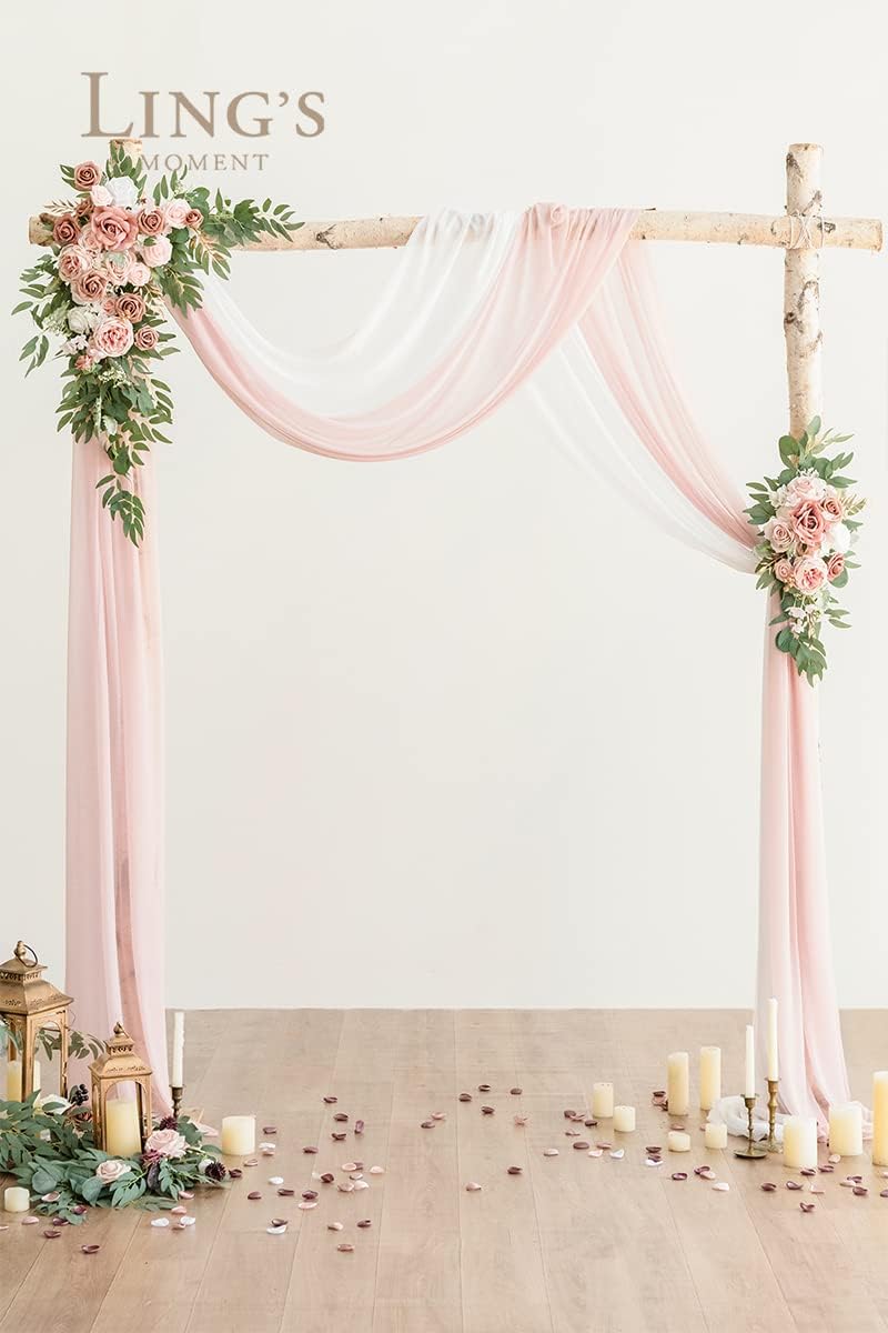 Ling's Moment Pink Artificial Wedding Arch Flowers Kit Pack of 4, 2pcs Hanging Flower Arrangement 2pcs Chiffon Drapes Ceremony Reception Spring Silk Rose Arbor Backdrop Floral Garden Outdoor Decor