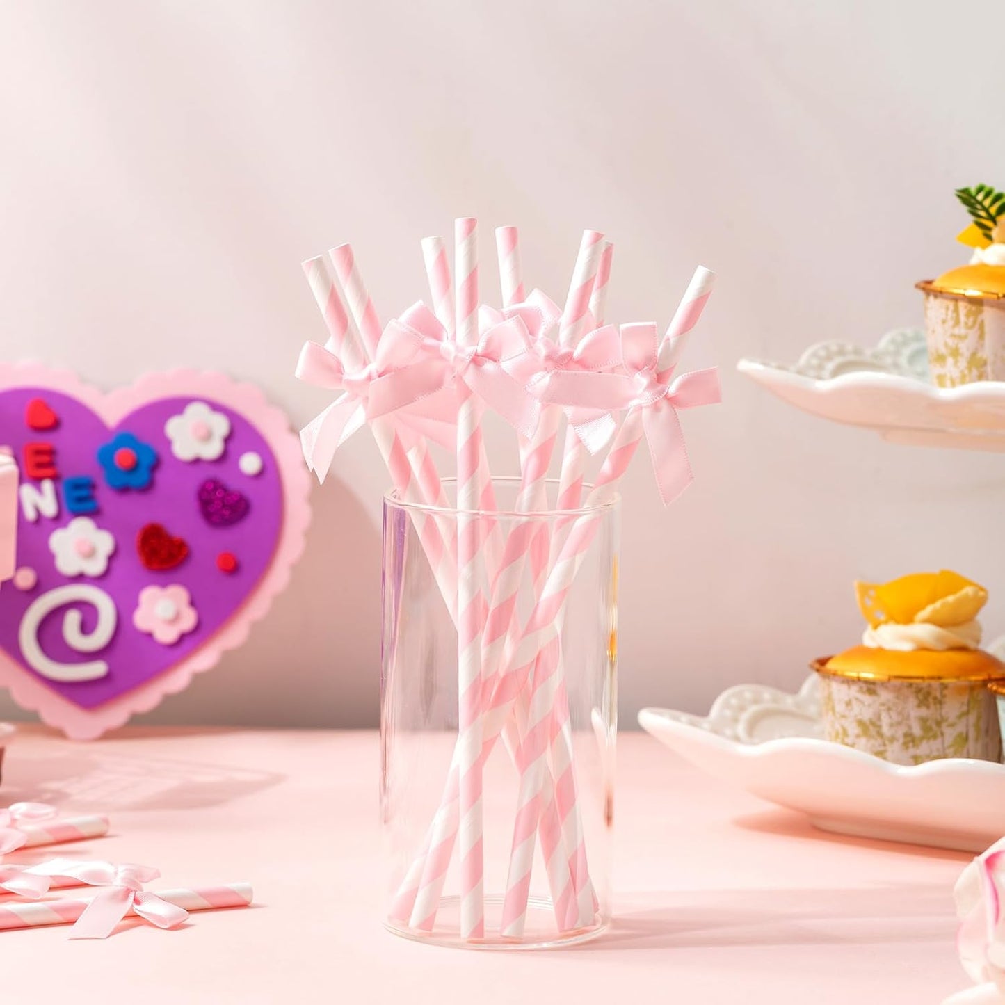 150 Pcs Pink Paper Straws for Drinking, Bow Disposable Striped Paper Straws Bulk Pink Theme Birthday Party Supplies for Wedding Cake Decorations Bachelorette Baby Shower
