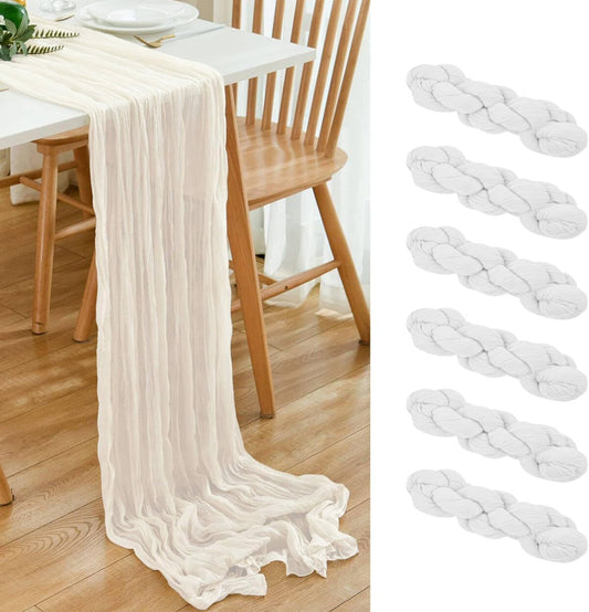 6 Pack White Cheesecloth Table Runner 21x120 Inch Boho Wrinkled Sheer Romantic Gauze Decor for Wedding, Bridal Shower, Birthday Party