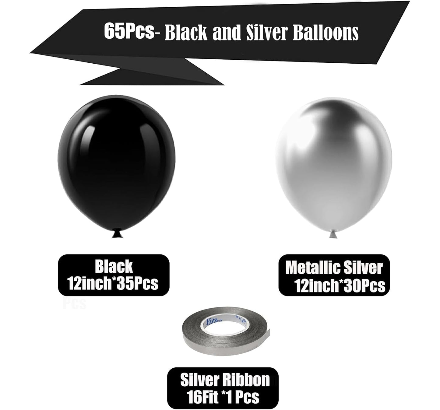 Black and Silver Balloons,65PCS 12 Inch Metallic Chrome Silver and Black Latex Balloons for Birthday Graduation Anniversary Party Decorations