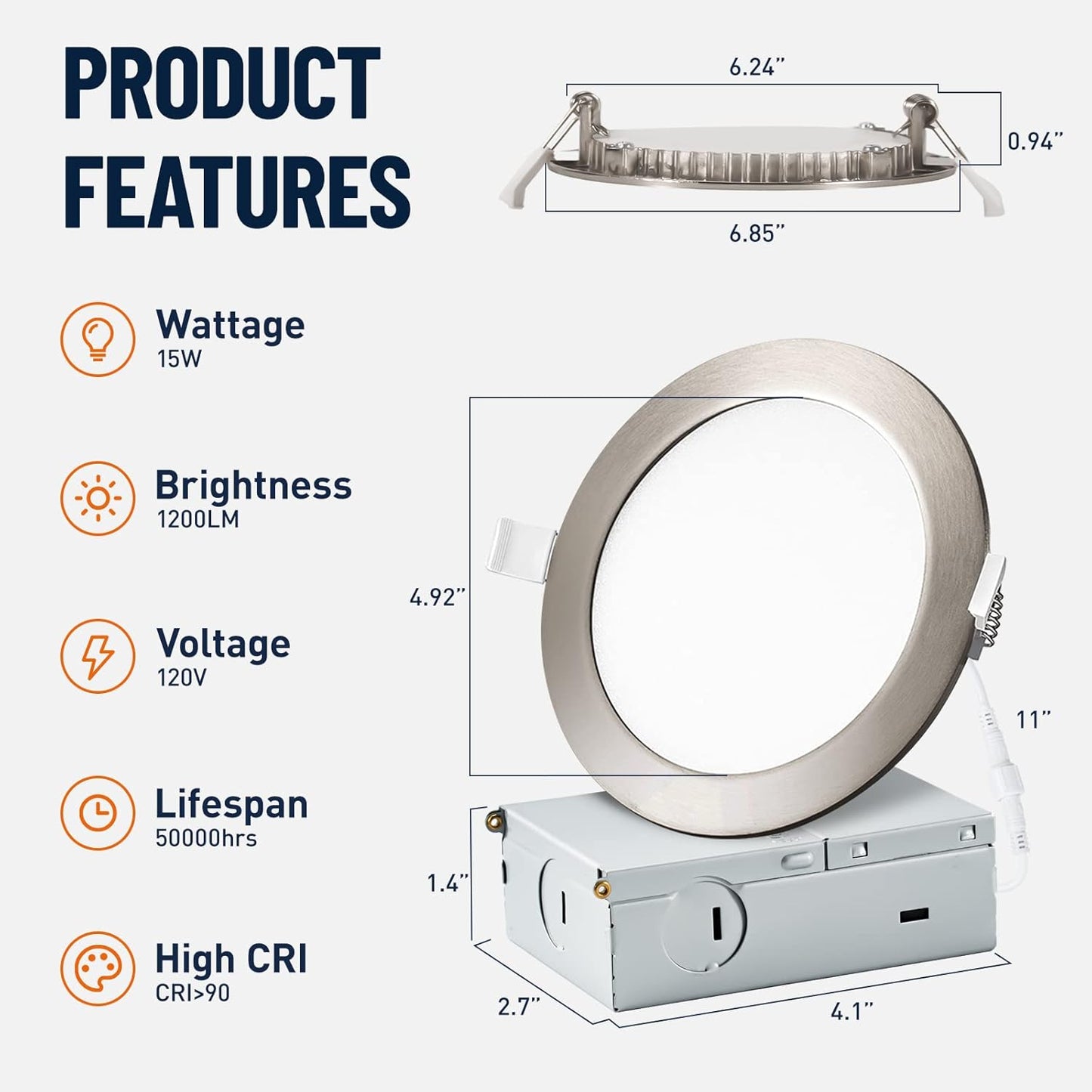 12 Pack Recessed Lighting 6 Inch with Junction Box, 5CCT 6 Inch Brushed Nickel LED Recessed Lights Dimmable 2700K-6000K, 15W 1200lm Ultra Thin Recessed Lighting - ETL and Energy Star Certified