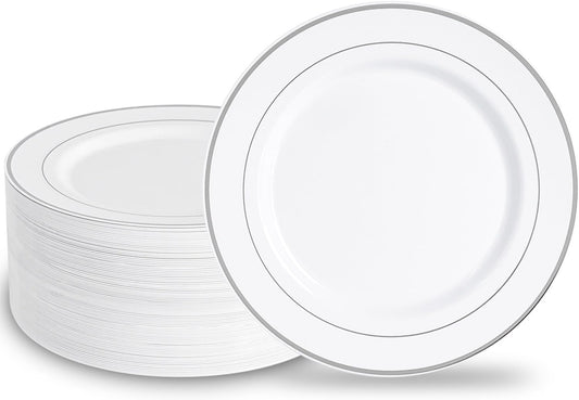 N9R 100PCS Silver Plastic Plates, 10.25 inch White Disposable Dinner Plate with Silver Rim, Heavy Duty Plates for Party, Wedding and Birthday