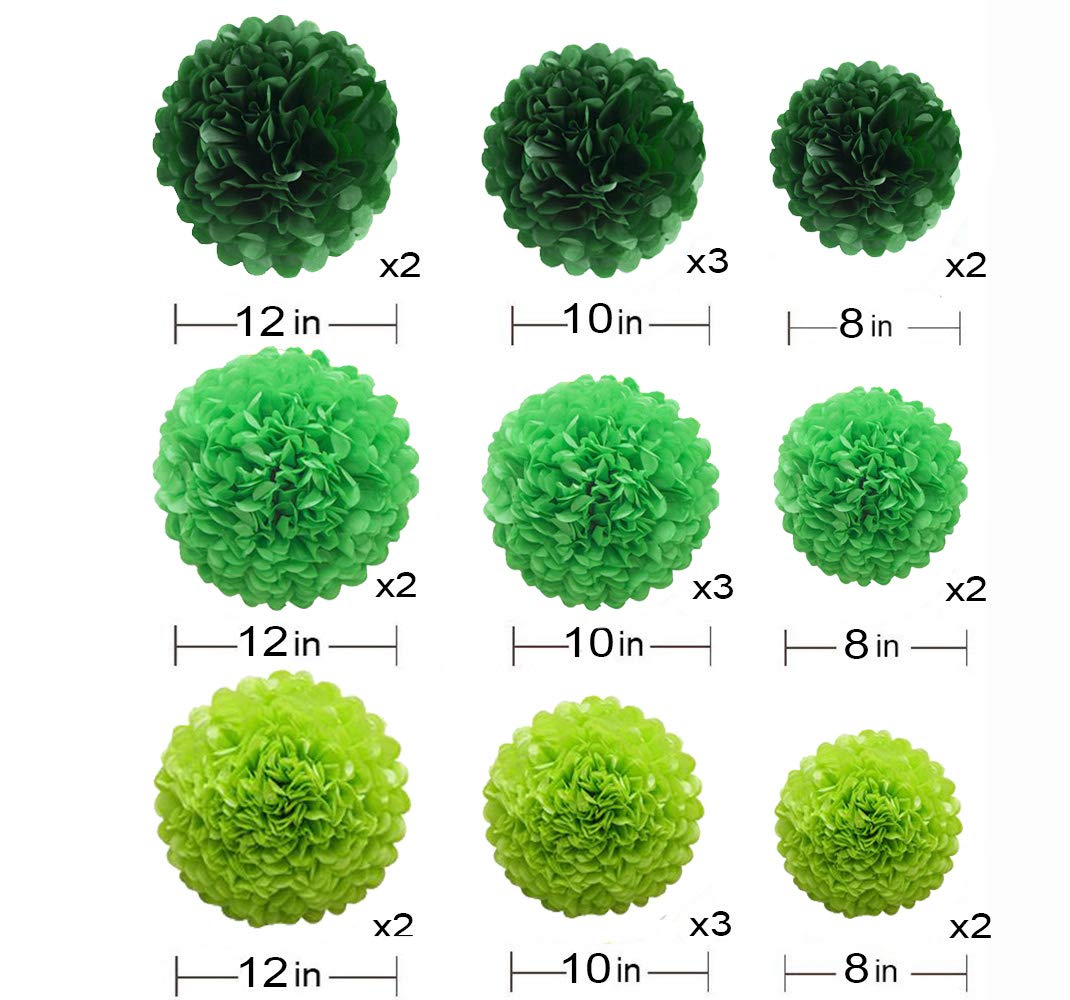 Lucky Green Tissue Paper Pom Poms, St. Patrick's Day Party Decoration Kit 21pcs of 8,10,12 inch