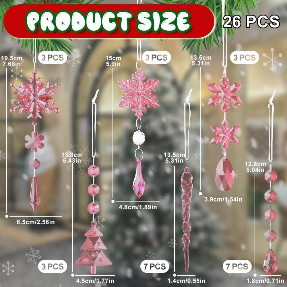 Lanpn 26 Pcs Christmas Ornaments Crystal Christmas Tree Decoration, Hanging Clear Acrylic Snowflake Icicle Drop Pendants for Xmas Winter Outdoor Indoor Party Decoration Pink