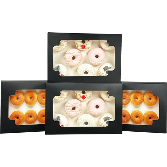 qiqee Auto-pop up Black Cookie Box with Window 12x8x2.5 inch 18 Packs Two Uses One Second Folding Pastry Biscuit Bakery Box for Packaging