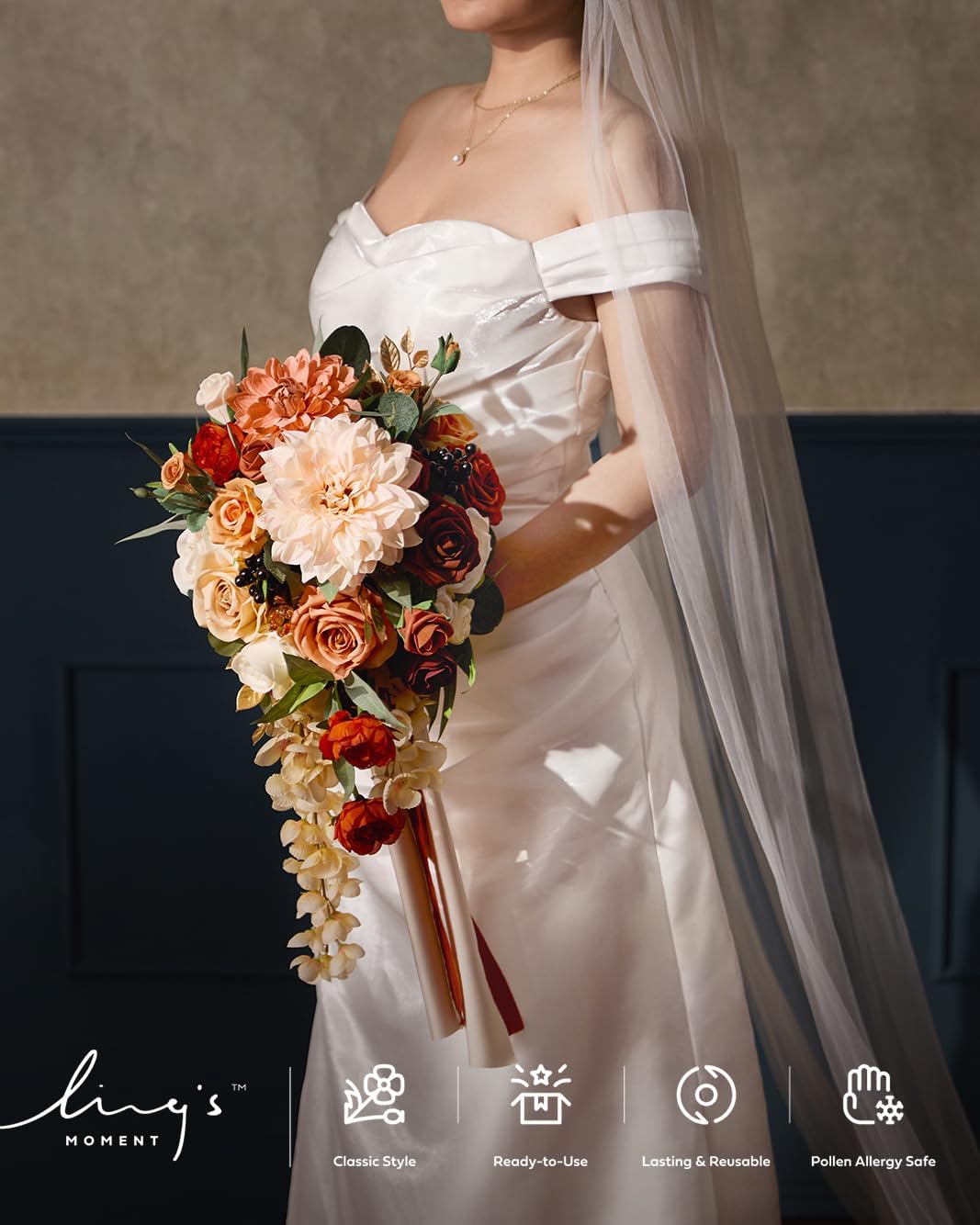 Ling's moment Terracotta Bridal Bouquet Cascading, Orange Wedding Bouquets for Bride, 13 Inch Bride Bouquets for Wedding Artificial Flowers Bouquets