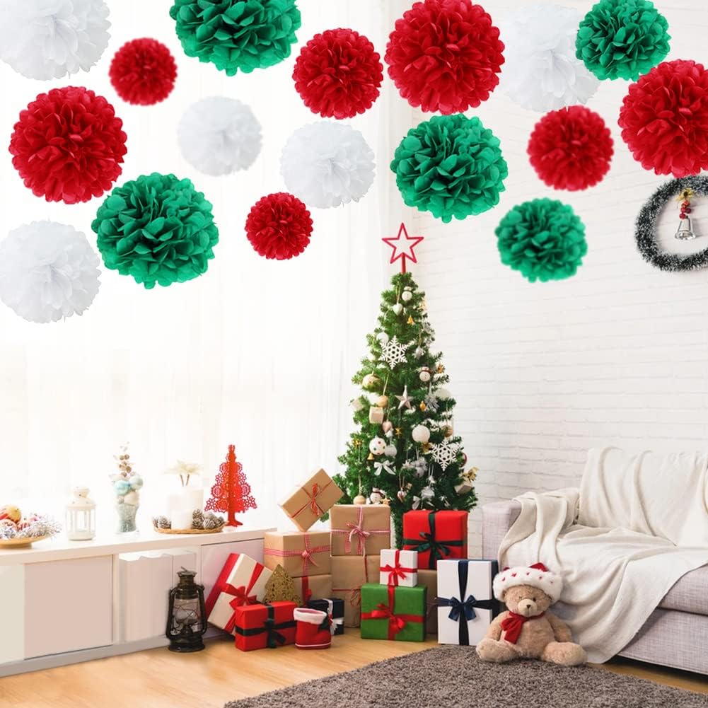Easy Joy 17Pcs Christmas New Year Hanging Decoration Red Green White Paper Pom Poms Flowers 6, 8,10 inch Hanging Paper Flowers Christmas Home Wedding Birthday Party Decorations