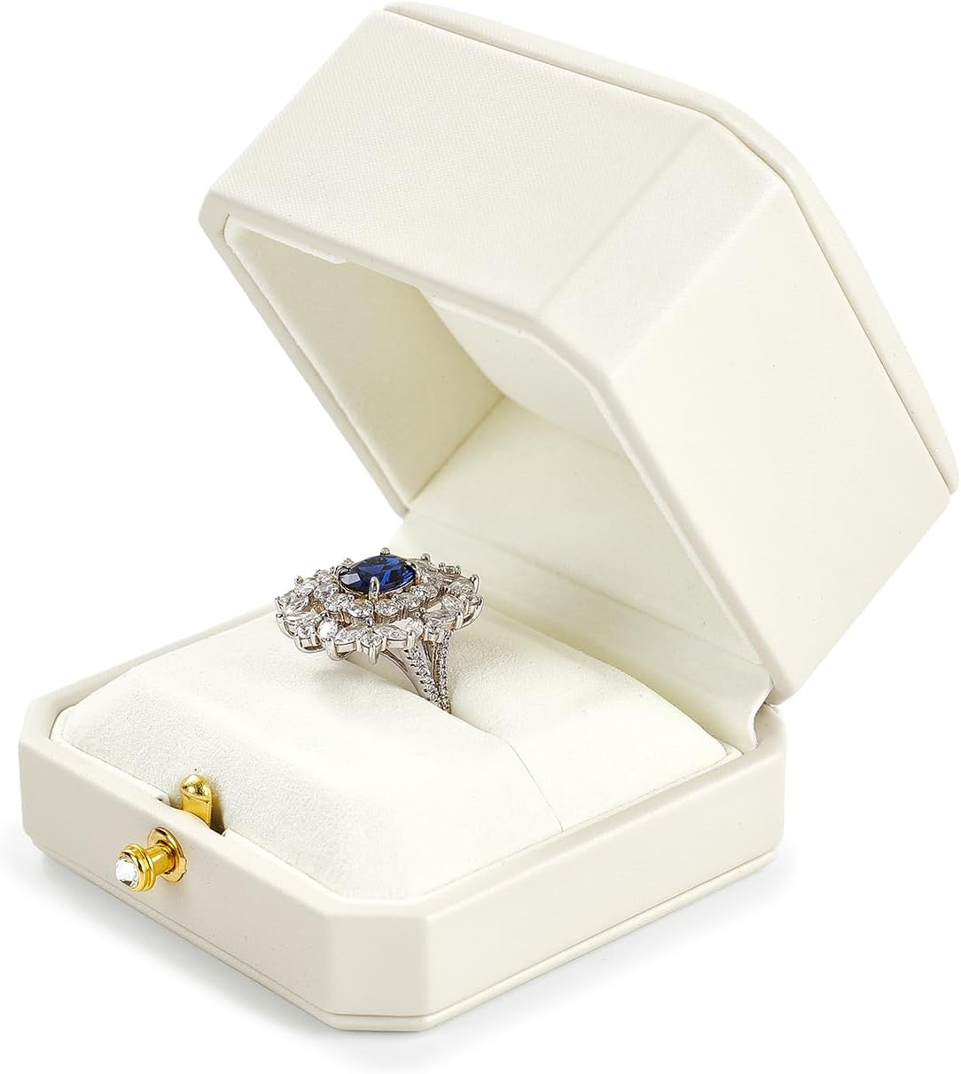 Oirlv Luxury Leather Ring Box for Jewelry Gift Octagon Women Ring Holder for Wedding Day, Proposal, Engagement, Anniversary(White,Single)
