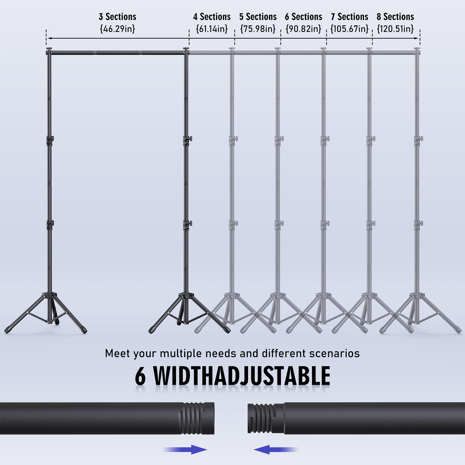 Backdrop Stand Kit - 6 Widths, 10x7.5ft Adjustable Background Stand for Parties & Studio Photography