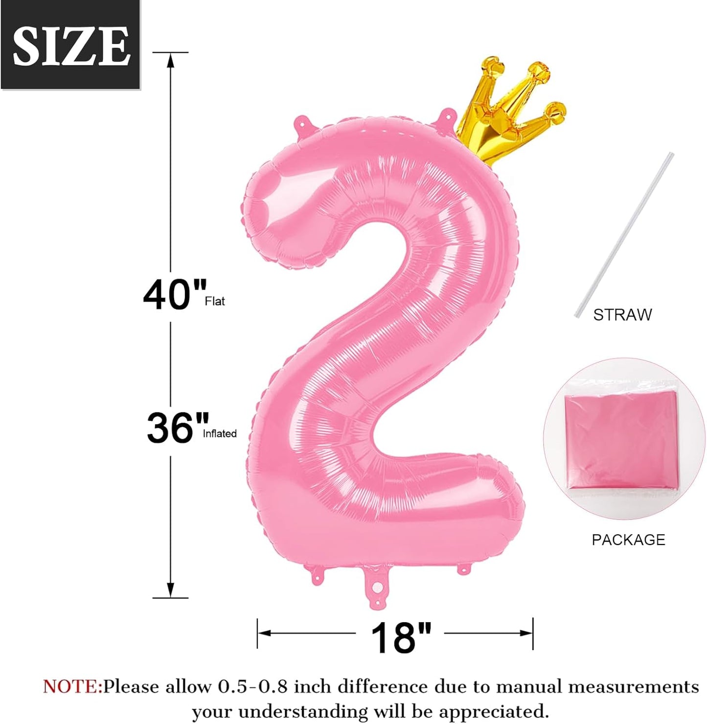 40 Inch Pink Number Balloon 0-9(Zero-Nine) with Crown, Big Size Happy Birthday Balloon, Foil Helium Big Number Balloon for Birthday Party,Wedding, Anniversary (PINK 2)