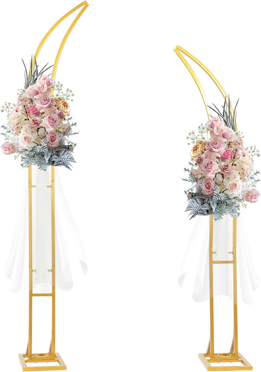Wedding Arch Stand - 2pcs Large 8.2&6.9Ft Balloon floral Arch Stand Half Arch Flower Frame Photography Backdrop stand, Metal Heavy Firm Base for Bridal & Ceremony Baby Shower Birthday Party Decor,Gold