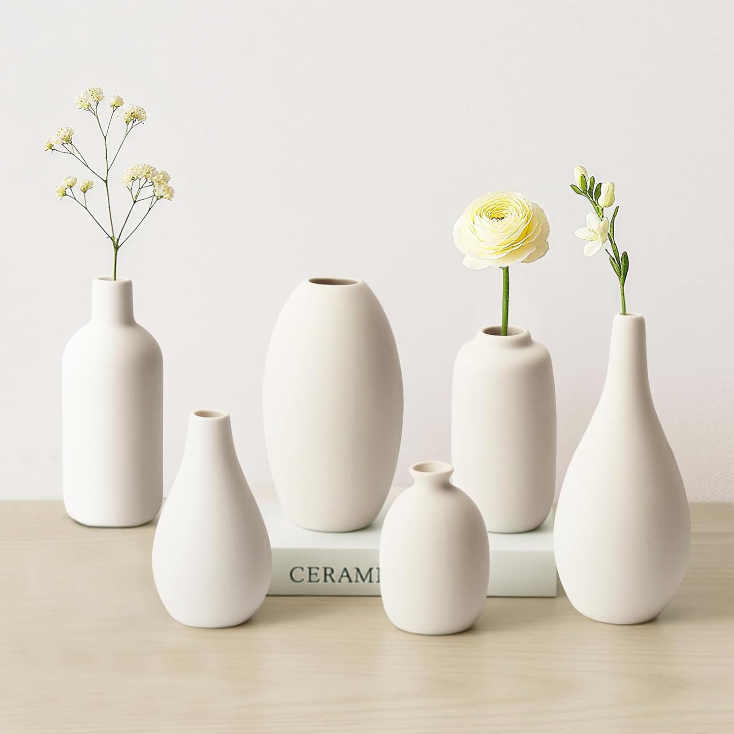 BEAHOT Ceramic Vases Set of 6, White Contemporary Decorative Flower Vases, Modern Design for Living Room