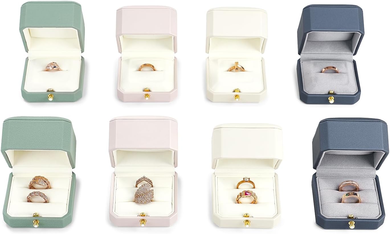 Oirlv Luxury Leather Ring Box for Jewelry Gift Octagon Women Ring Holder for Wedding Day, Proposal, Engagement, Anniversary(Green,Single)