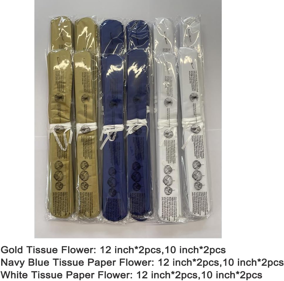 Gold Royal Blue and White Paper Flower Tissue Pom Poms for Birthday Baby Shower Graduation Bachelor Retirement Theme Party, 12pc