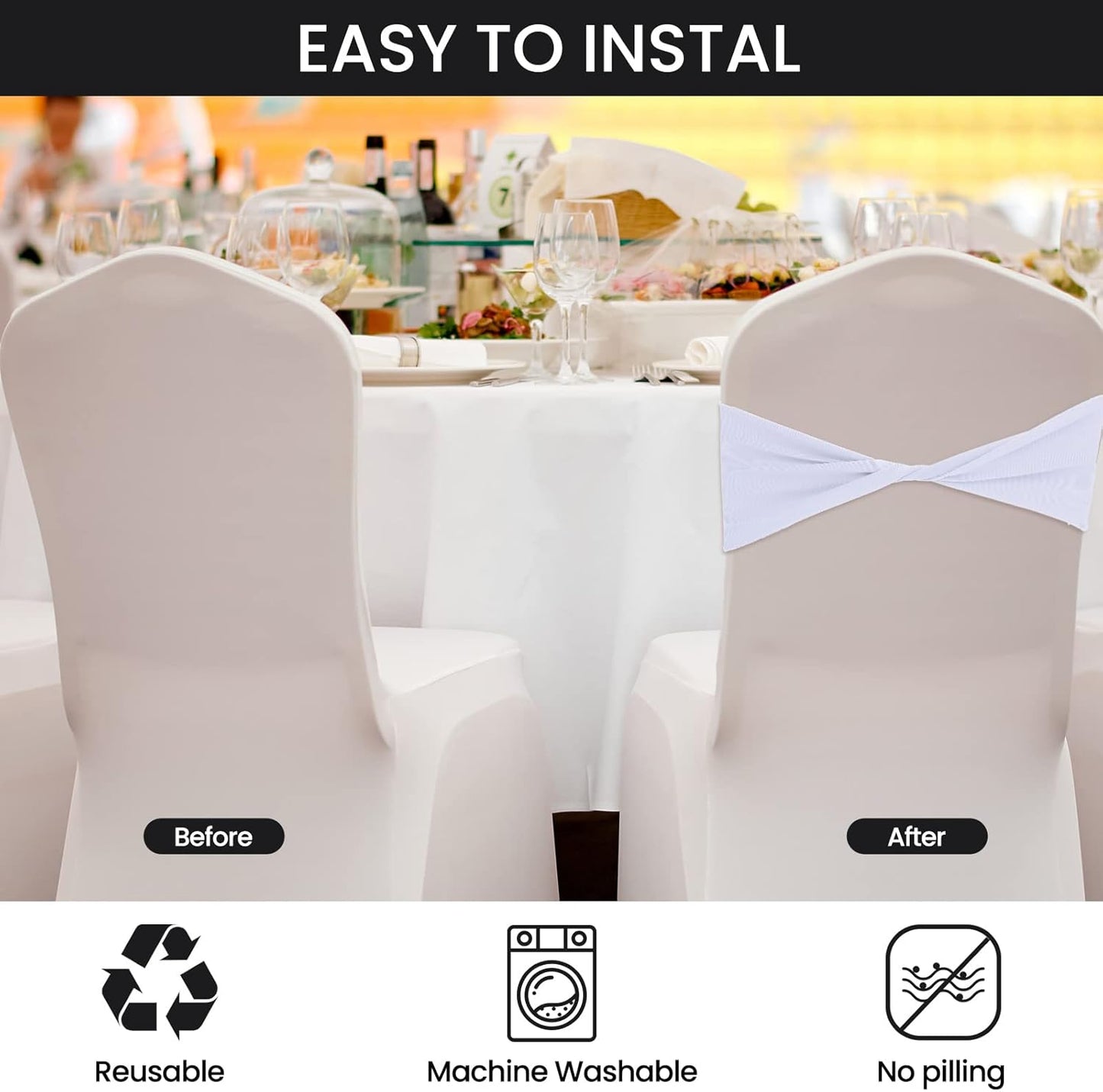 Kinlop 50 Pcs Spandex Chair Sashes Bows Chair Bands Slider Sashes for Covers Elastic Bands Ties Without Buckle Decorations for Wedding Party Events Ceremony Birthday(White)