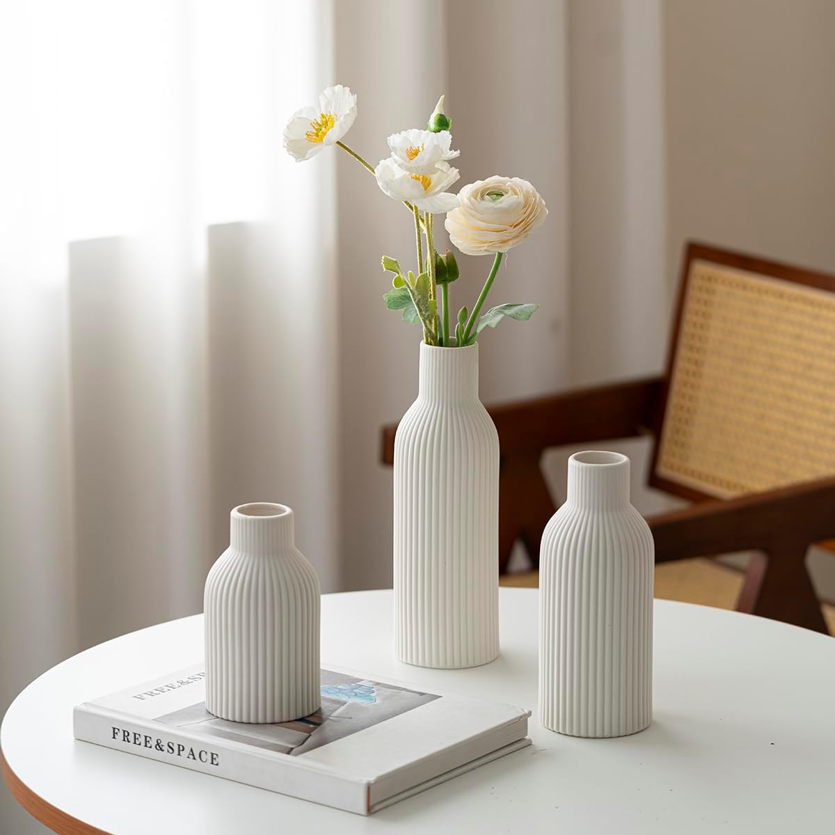 Modern Ceramic Vases Set of 3, White Ribbed Decorative Vases, Shelf Table Centerpiece for Home Decor (White)