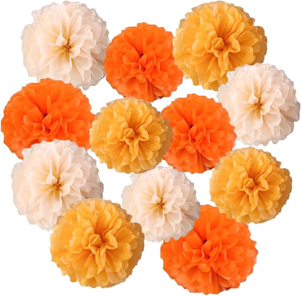 Yangeey 12pcs 10in 12in Orange Paper Pom Poms Tissue Paper Flower Hanging Paper Flower Balls Wedding Party Flower Decorations DIY Art Craft Blooms for Birthday Baby shower nursery decor