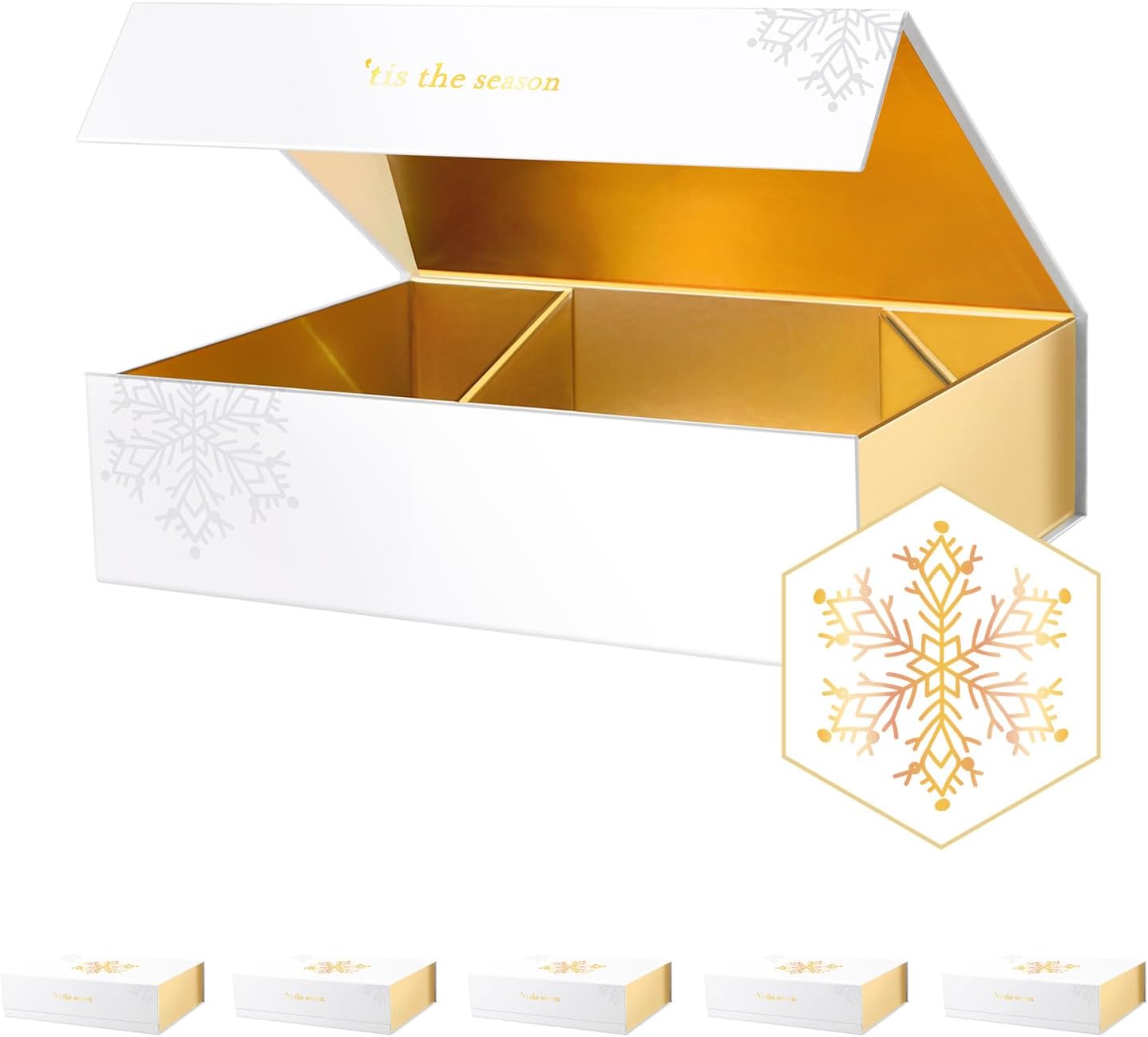 PACKHOME 6 Christmas Gift Boxes 13x9.7x3.4 Inches, Large Gift Boxes with Lids, Sturdy Shirt Boxes with Magnetic Lids for Wrapping Gifts (Gold Snowflake Pattern)
