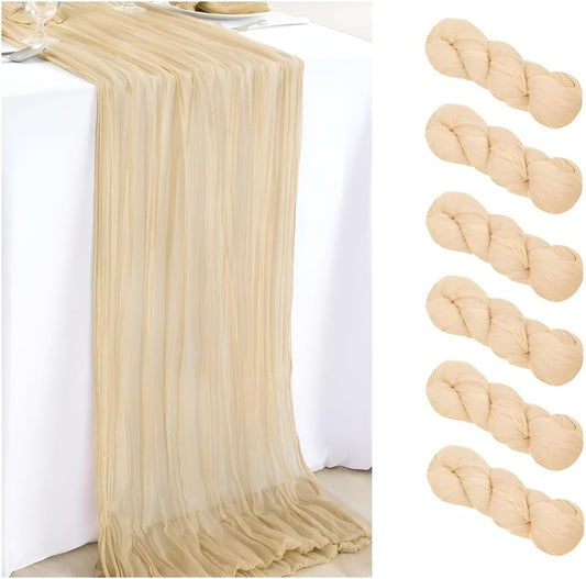 6Pcs Shallow Khaki Cheesecloth Table Runner 120 Inch10FT Champagne Rustic Boho Cheesecloth Table Runnerfor Wedding Party Baby Shower Birthday Home Decor Holiday Decorations