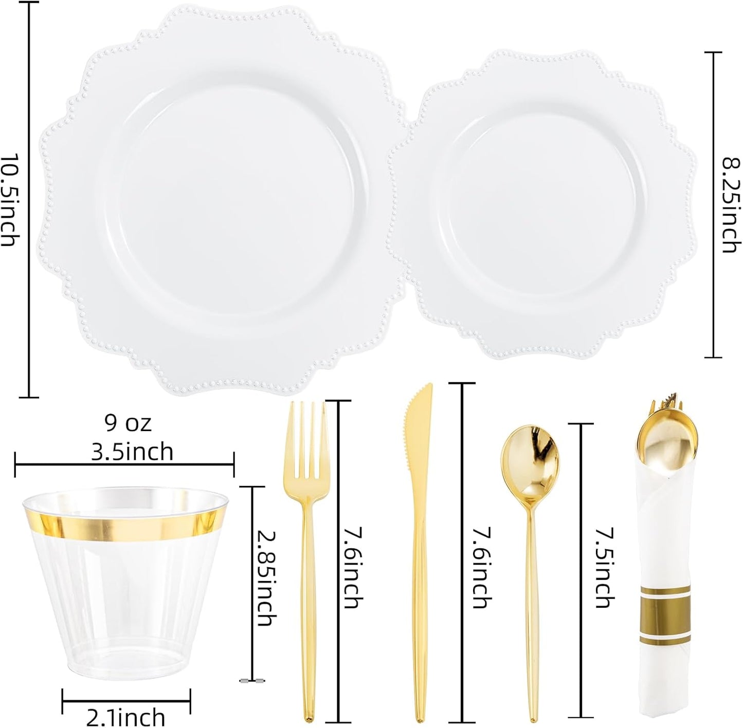 COLOSUS 350pcs White Plastic Plates Disposable Gold Cutlery Dinnerware set for party: 50 Dinner Plate, 50 Dessert Plate, 50 Per Rolled Napkins with Gold Silverware, 50 Cups 9 OZ for Wedding & Party