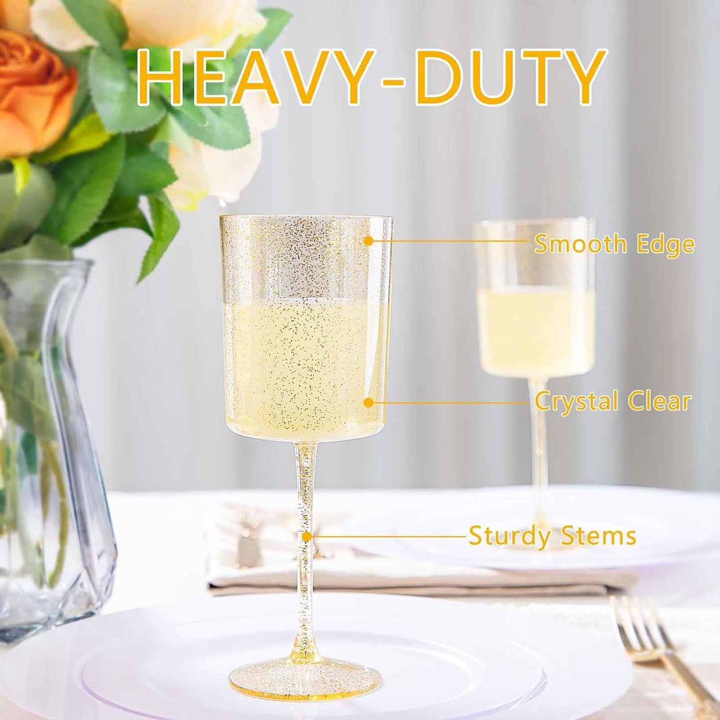 Ciaell 6 Pack Gold Plastic Wine Glasses - 10 Oz Disposable Glasse with Stem - Disposable Wine Glasses Perfect for Parties & Weddings & Poolside & Outdoors & Camping & Thanksgiving