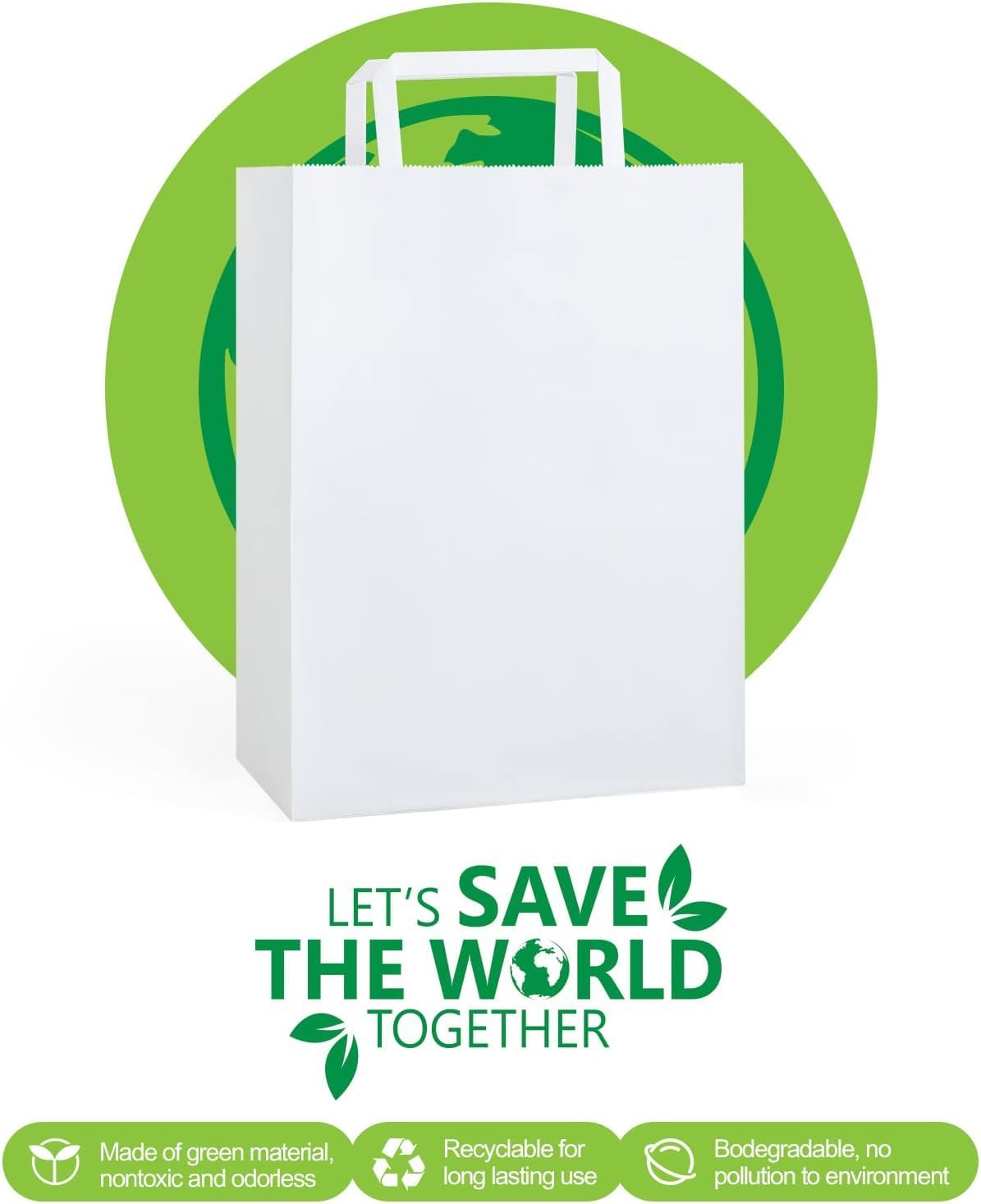 GSSUSA Paper Bags with Handles 10"X5"X13" Gift Bags Medium Size 200 Pack Kraft Paper Bag for Retail Grocery, Take Out Bag (White