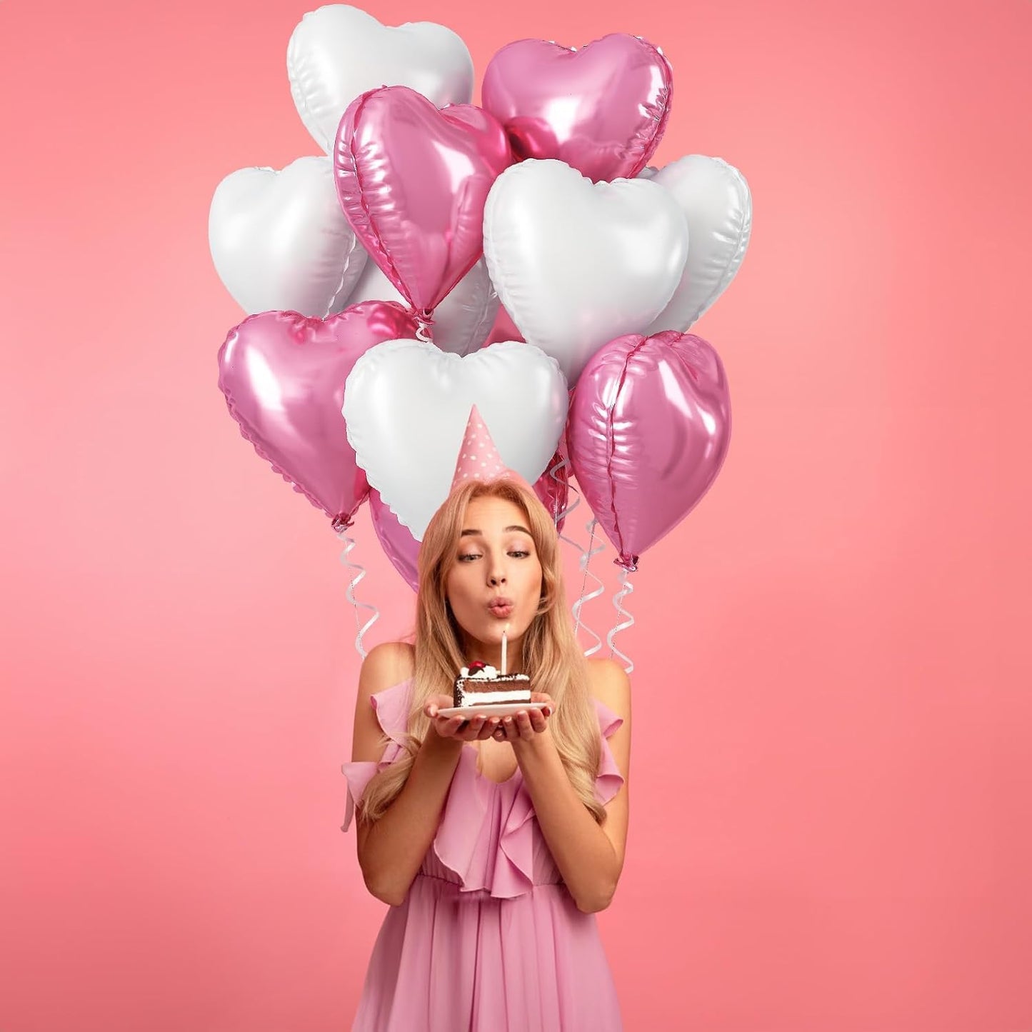 Heart Foil Balloons, 18 Inch White & Pink Heart Shape Mylar Balloons for Valentine's Day, Birthday, Wedding, Baby Shower Party Decoration