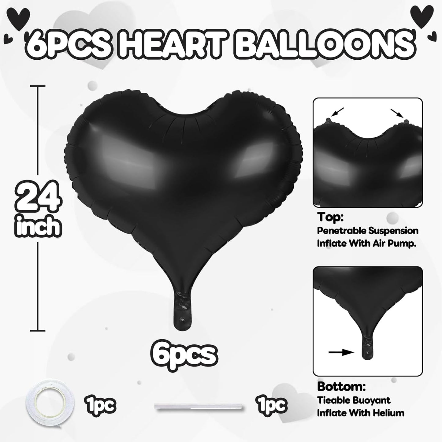 24 Inch Black Heart Balloons, Heart Shaped Foil Balloons, Black Engagement Love Helium Balloon for Valentines Day Bridal Shower Anniversary Wedding Birthday Party Decorations