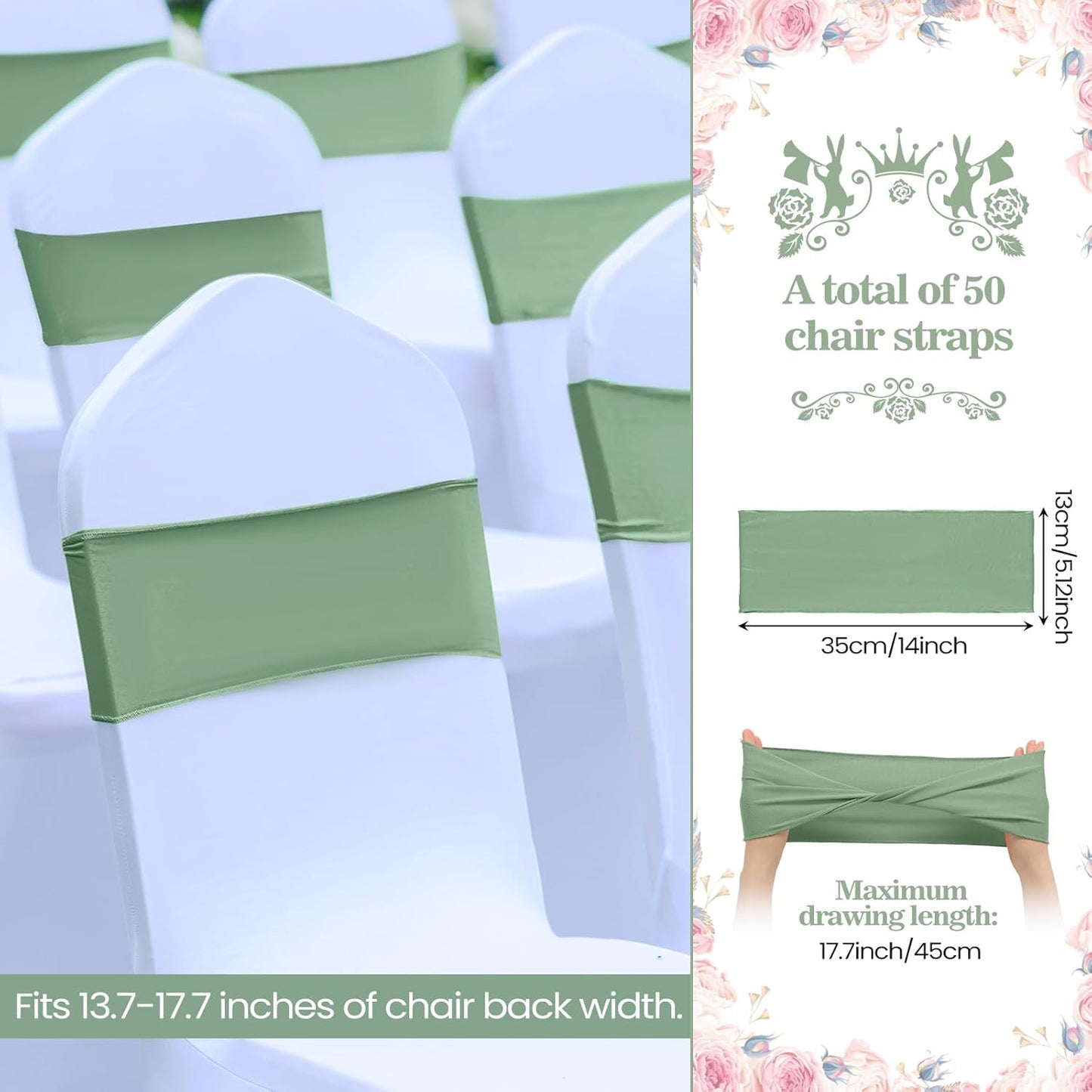 Kinlop 50 Pcs Spandex Chair Sashes Bows Chair Bands Slider Sashes for Covers Elastic Bands Ties Without Buckle Decorations for Wedding Party Events Ceremony Birthday(Sage Green)